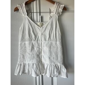 Adiva White Ruffle Eyelet Peplum Tank Top w/ Ruched Back Fairy | Size Medium